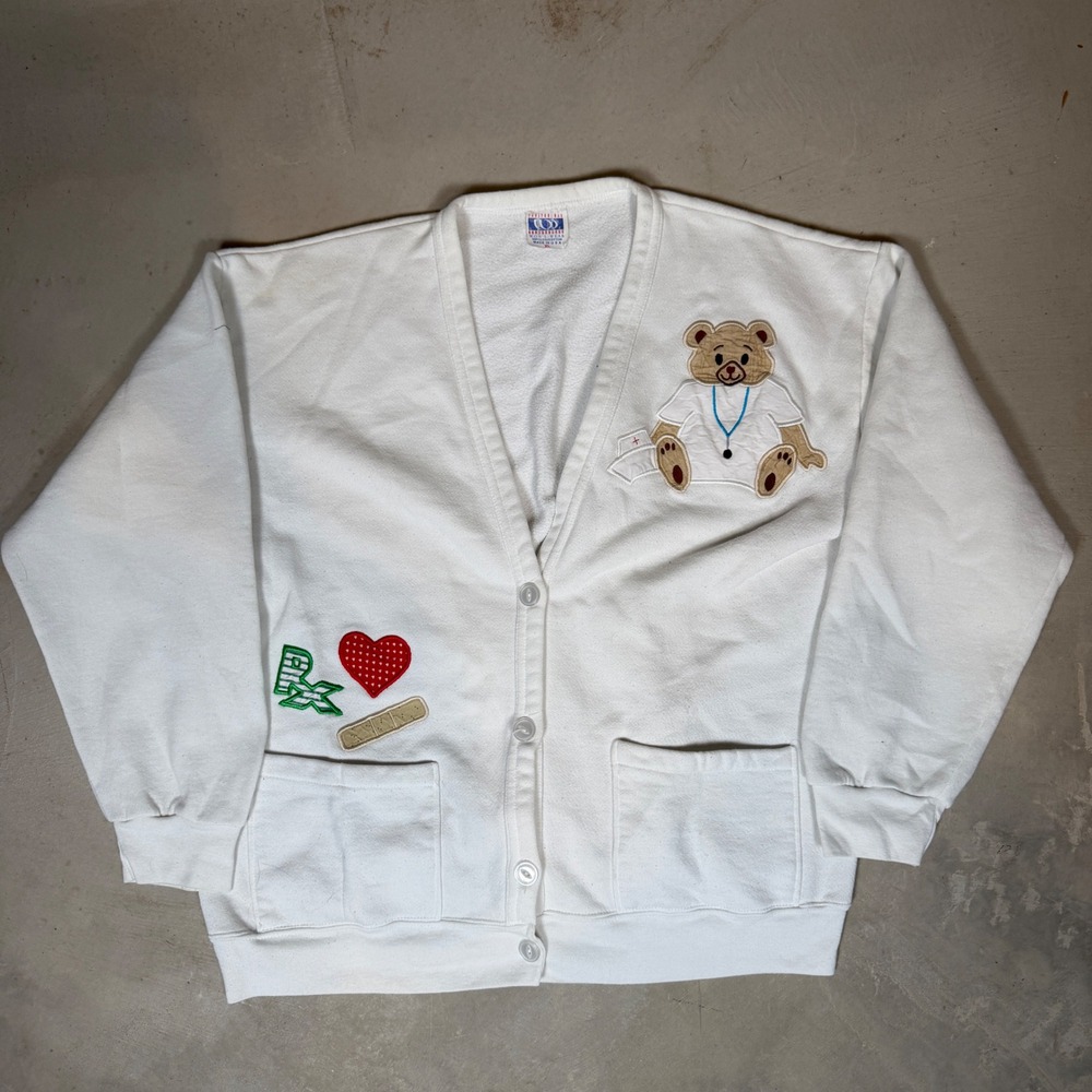 Vintage Wons Wear Medical Teddy Bear Fleece Cardigan White Nurse XL Made in USA